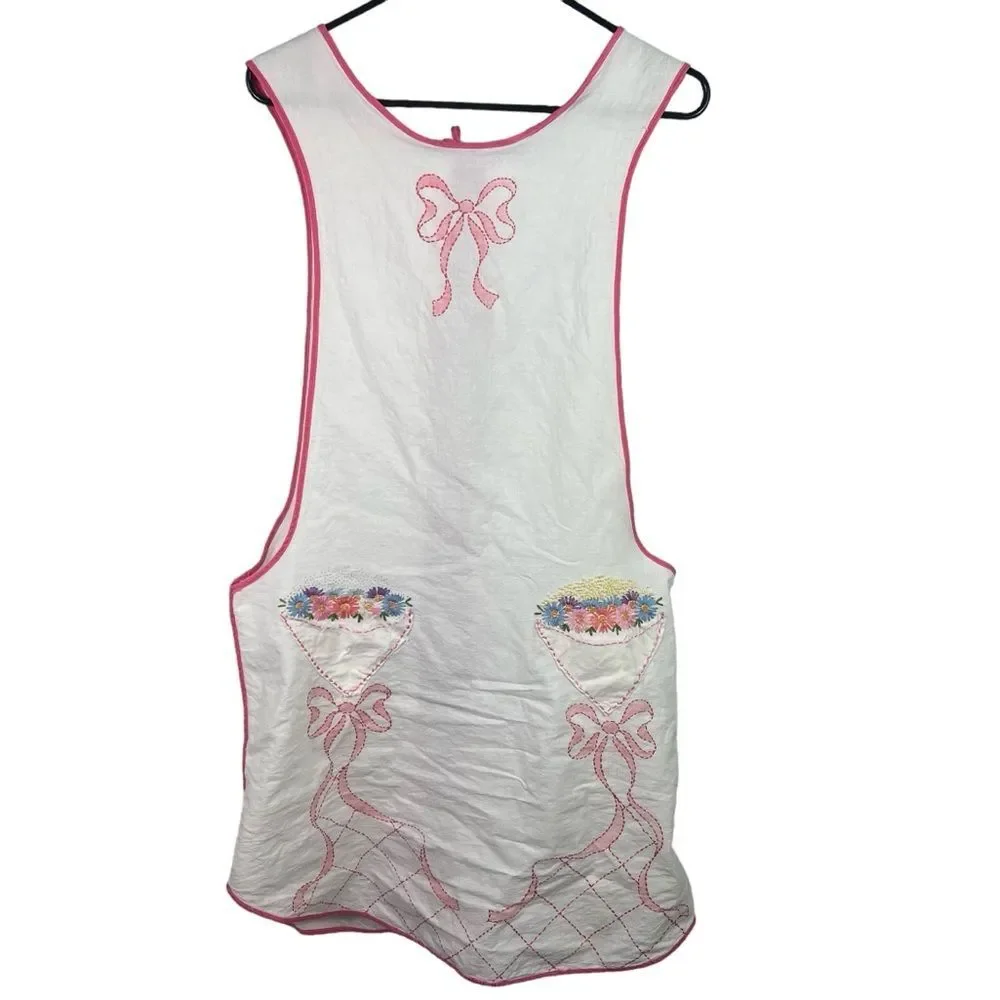 Vintage Embroidered Pinafore Apron Floral Bow White Pink Pockets OS